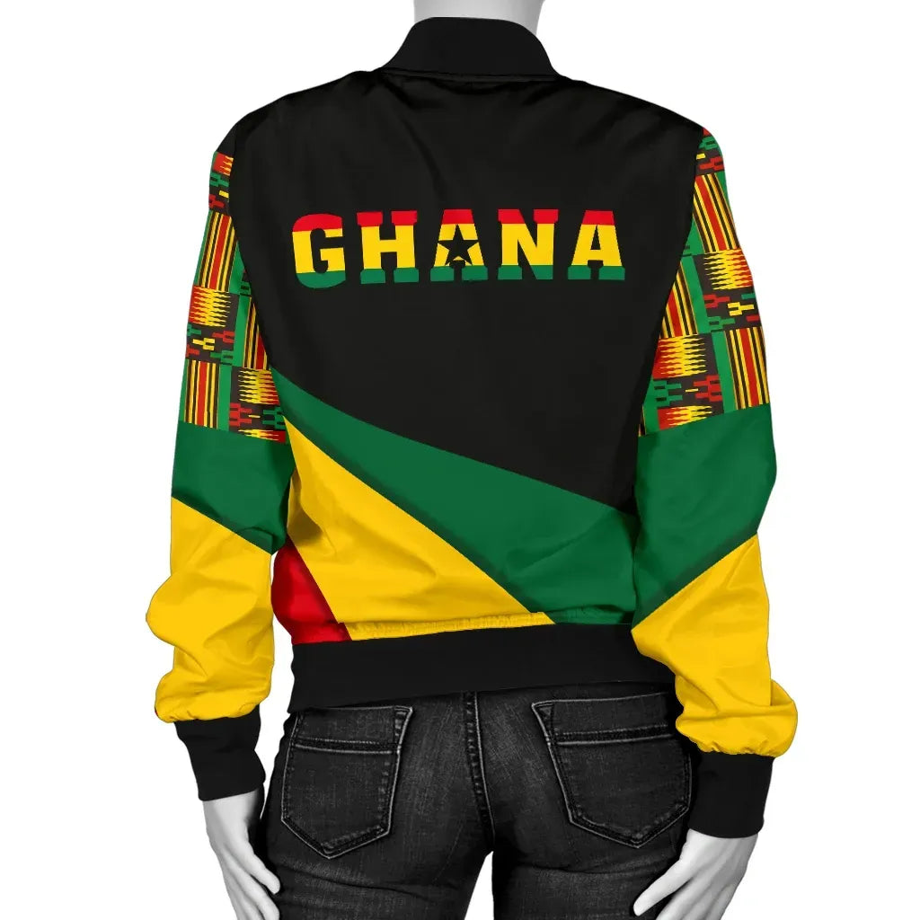 Africa Zone Women's Bomber Jacket - Ghana Flag Kente Women's Bomber Jacket - Bend Style