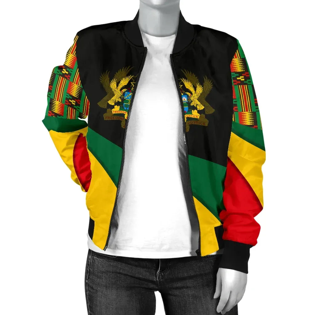 Africa Zone Women's Bomber Jacket - Ghana Flag Kente Women's Bomber Jacket - Bend Style