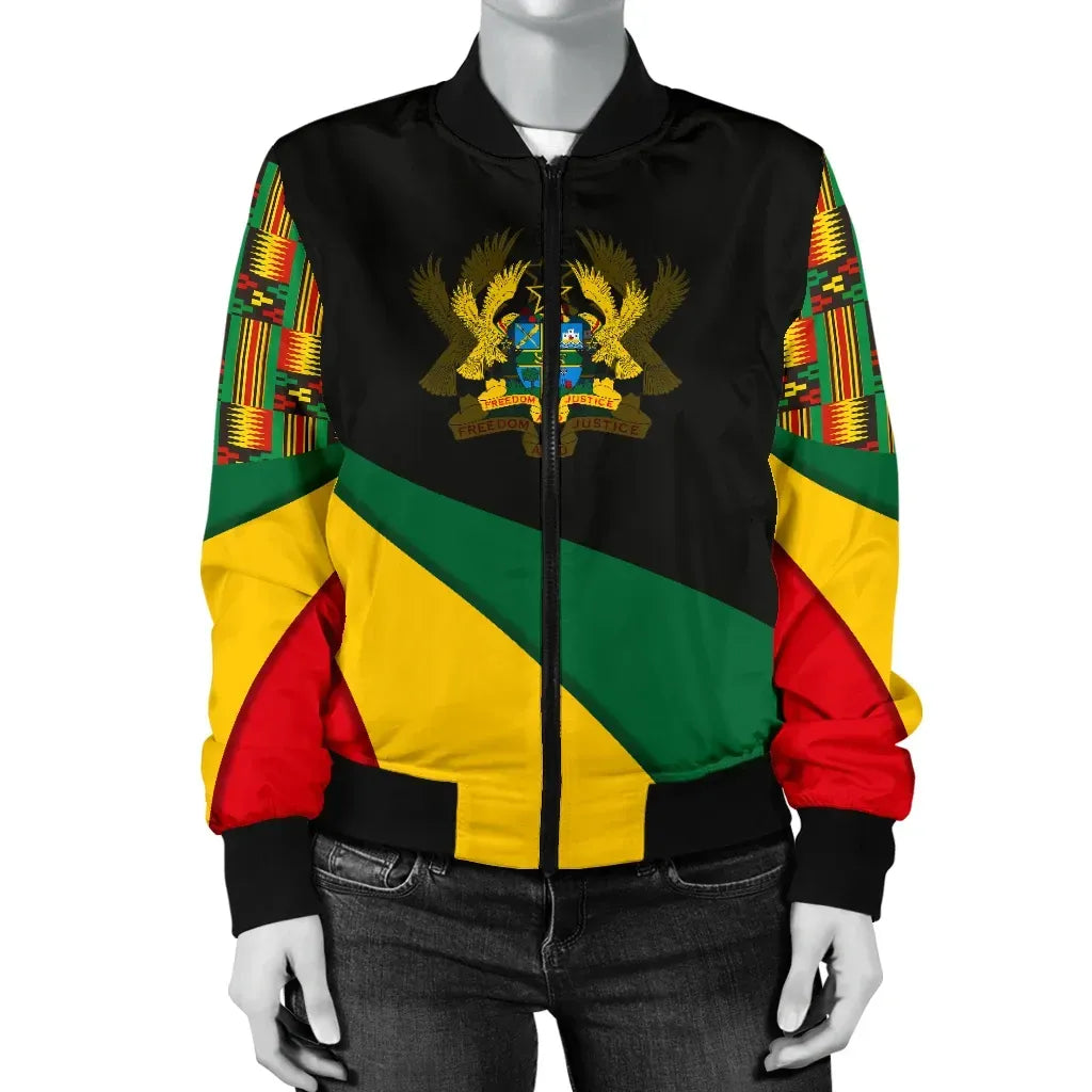 Africa Zone Women's Bomber Jacket - Ghana Flag Kente Women's Bomber Jacket - Bend Style