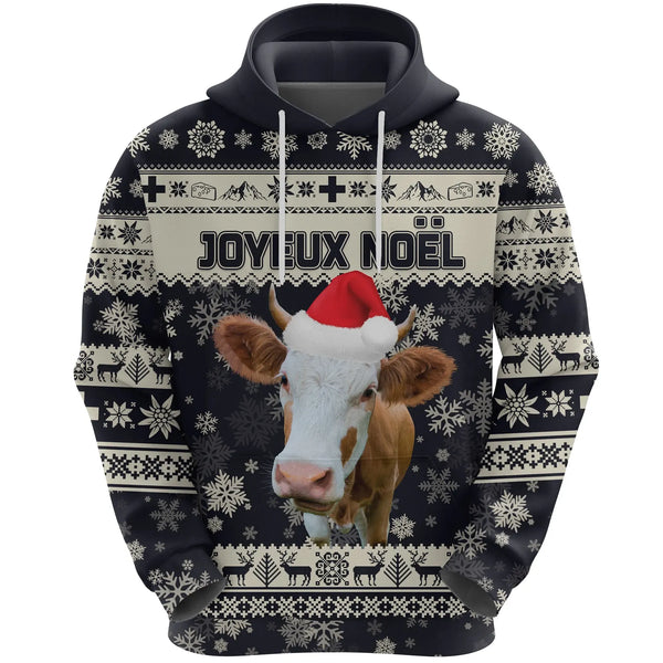 Switzerland Christmas Hoodie Swiss Cow Navy