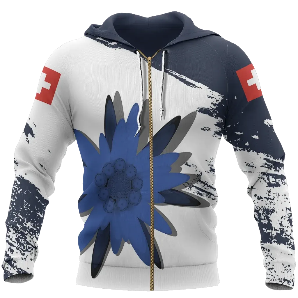 Switzerland Blue Edelweiss Zip Hoodie