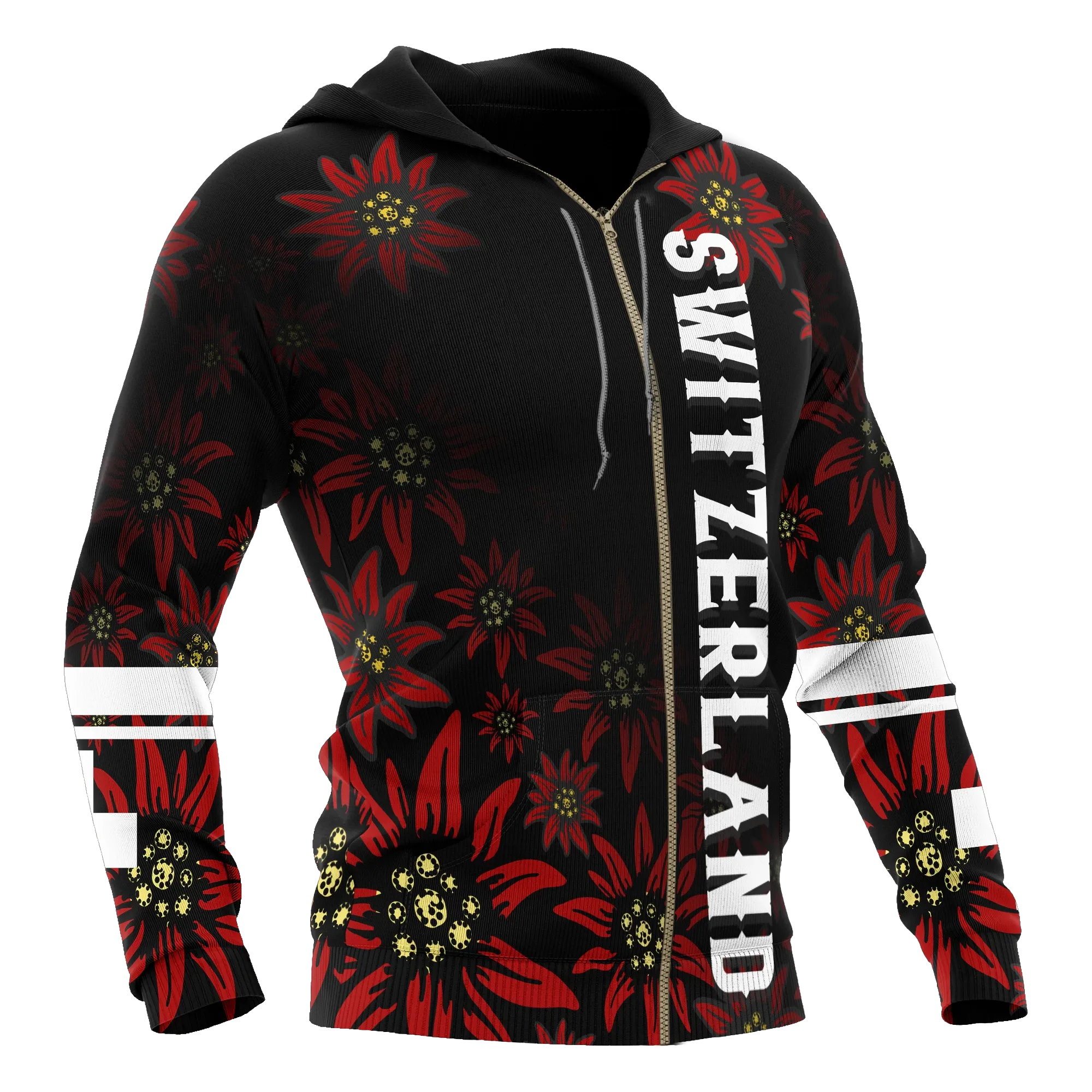 Switzerland Zip Up Hoodie Red Edelweiss