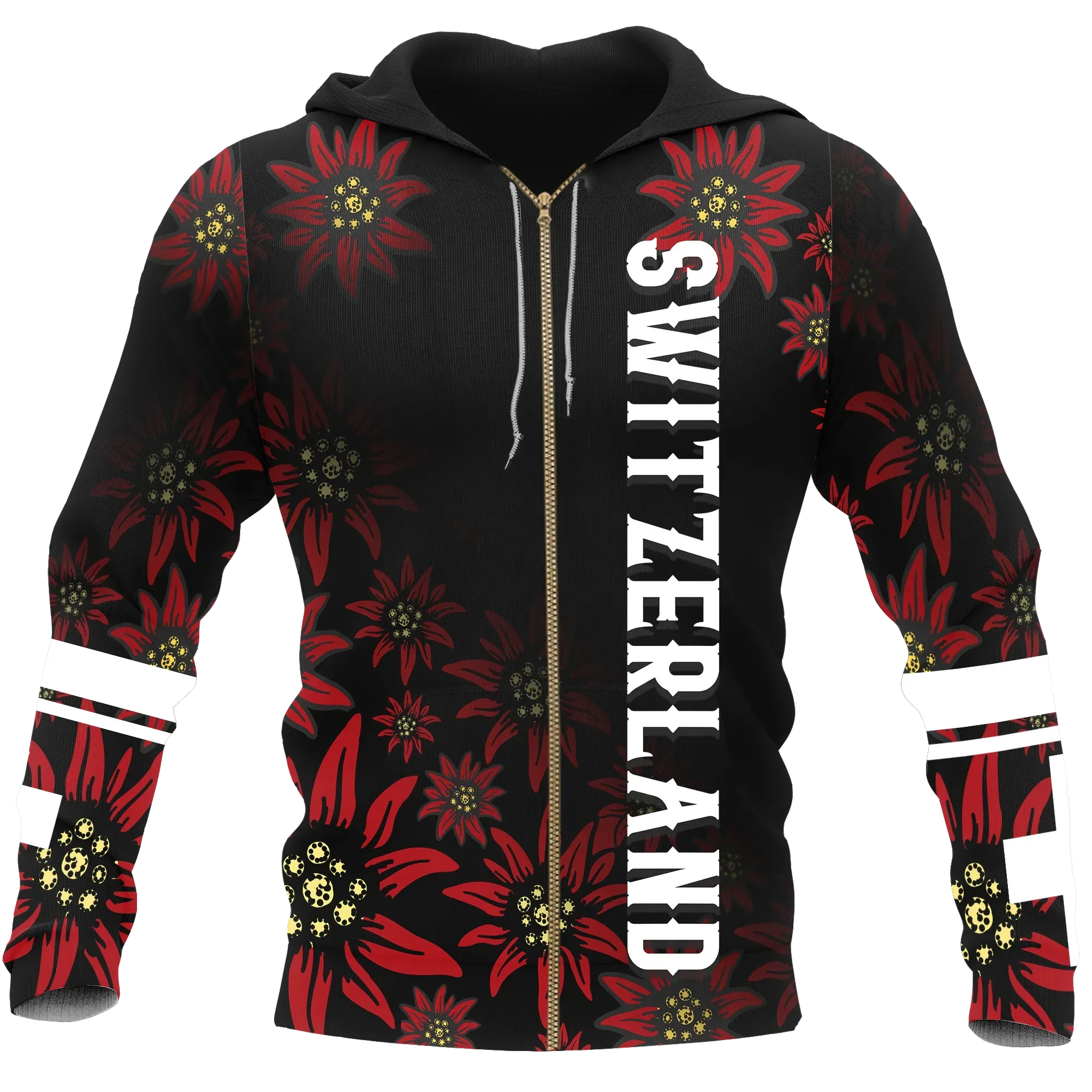 Switzerland Zip Up Hoodie Red Edelweiss