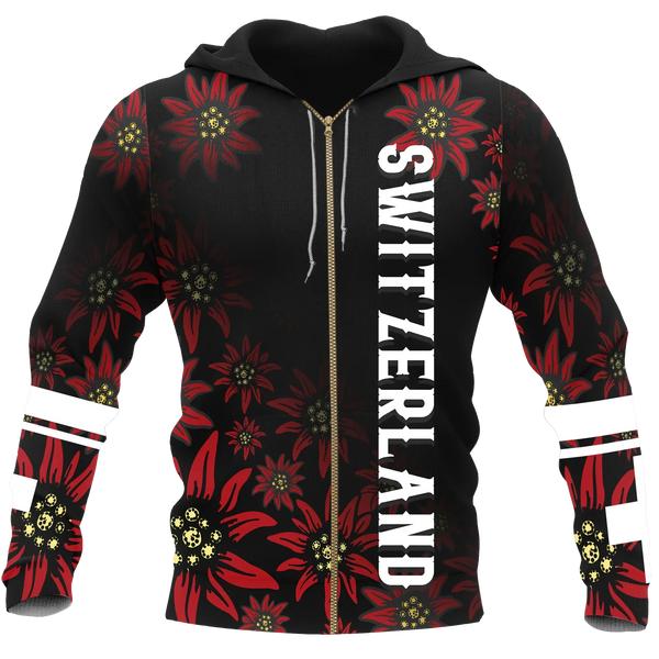 Switzerland Zip Up Hoodie Red Edelweiss