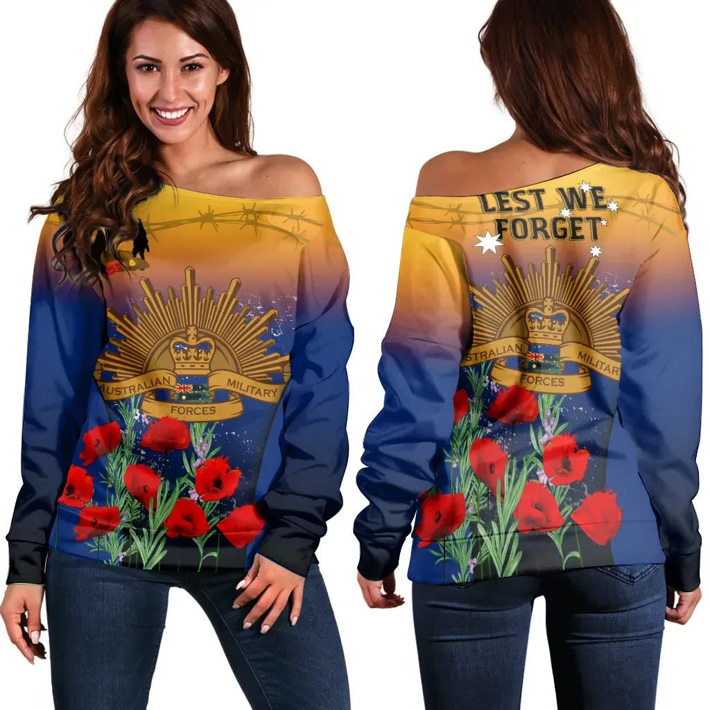 Australia Anzac Day Women's Off Shoulder Sweater - Anzac Lest We Forget Poppy Rosemary Off Shoulder Sweater