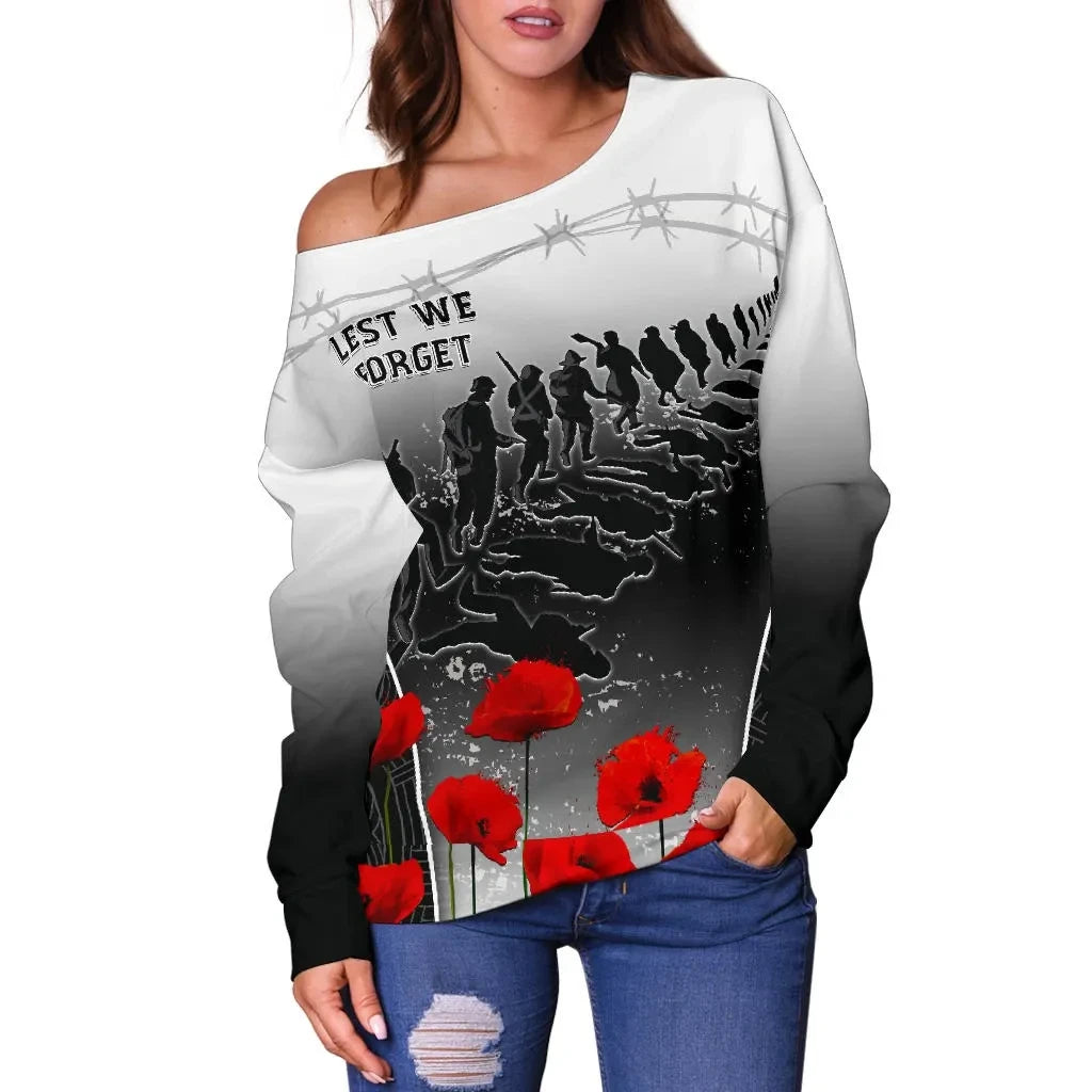 New Zealand Anzac Women's Off Shoulder Sweater - Lest We Forget Poppy Off Shoulder Sweater