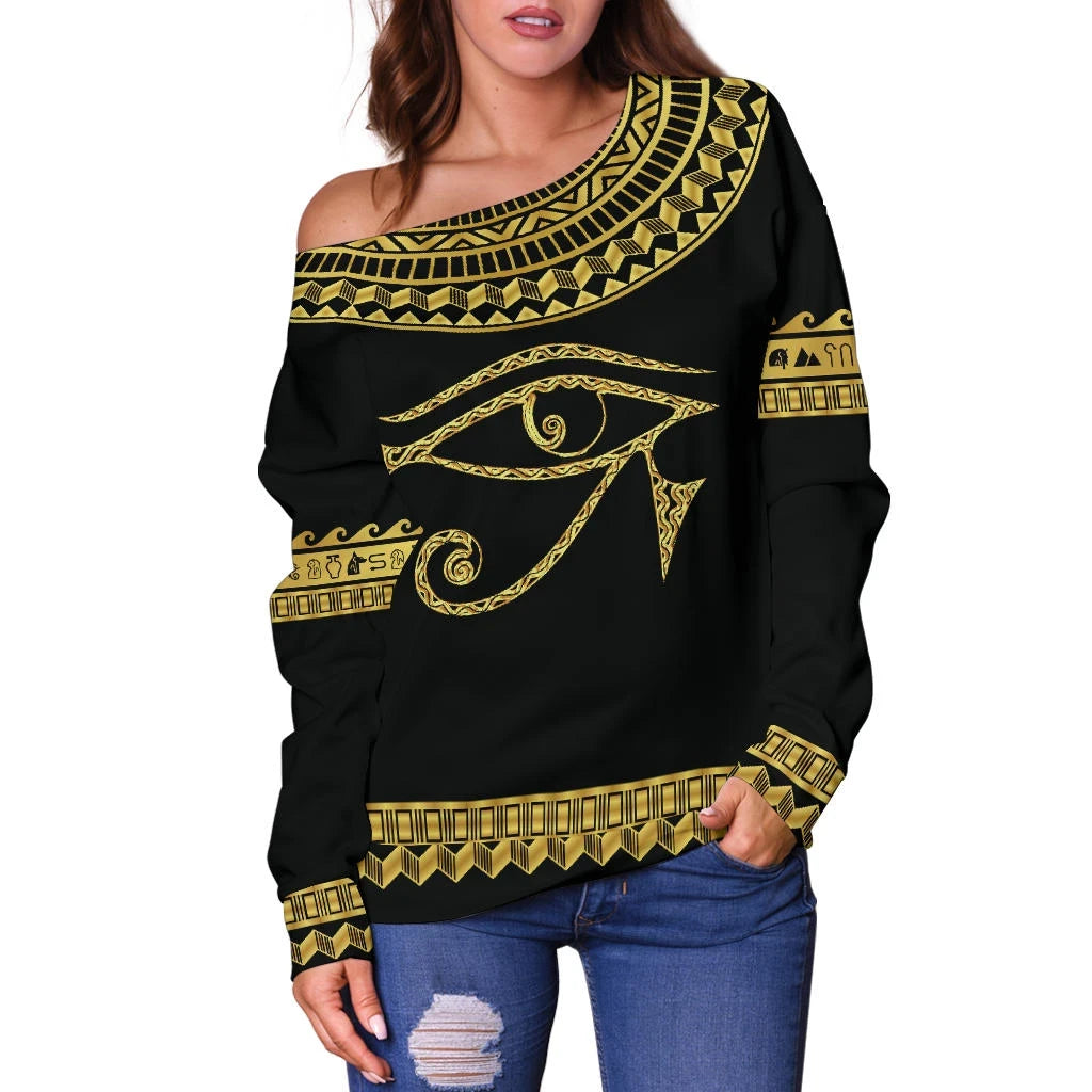 African Women's Off Shoulder Sweater - Africa Horus Egypt Off Shoulder Sweater