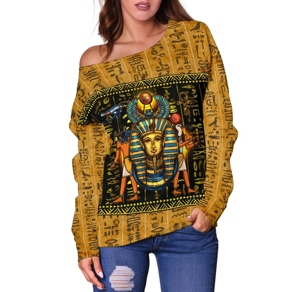 African Women's Off Shoulder Sweater - Mysteries Of Ancient Egypt Off Shoulder Sweater