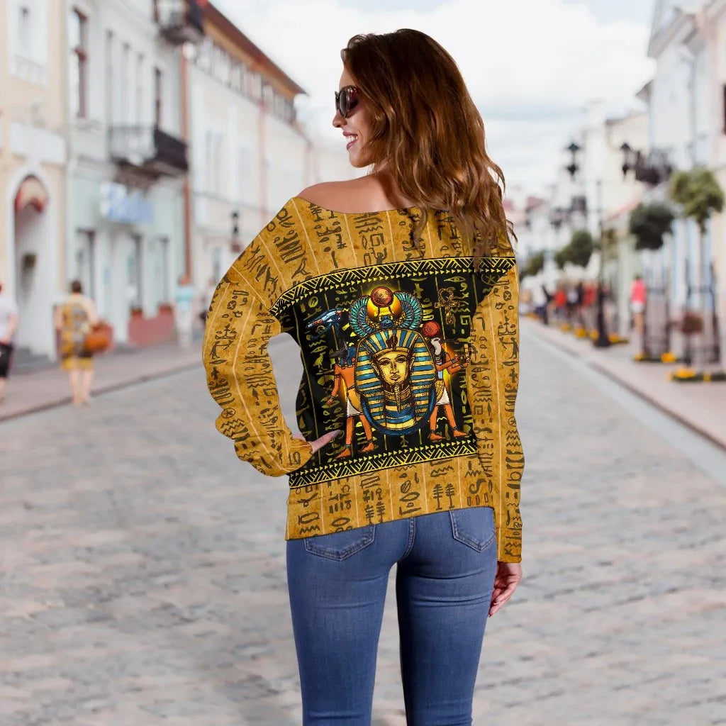 African Women's Off Shoulder Sweater - Mysteries Of Ancient Egypt Off Shoulder Sweater