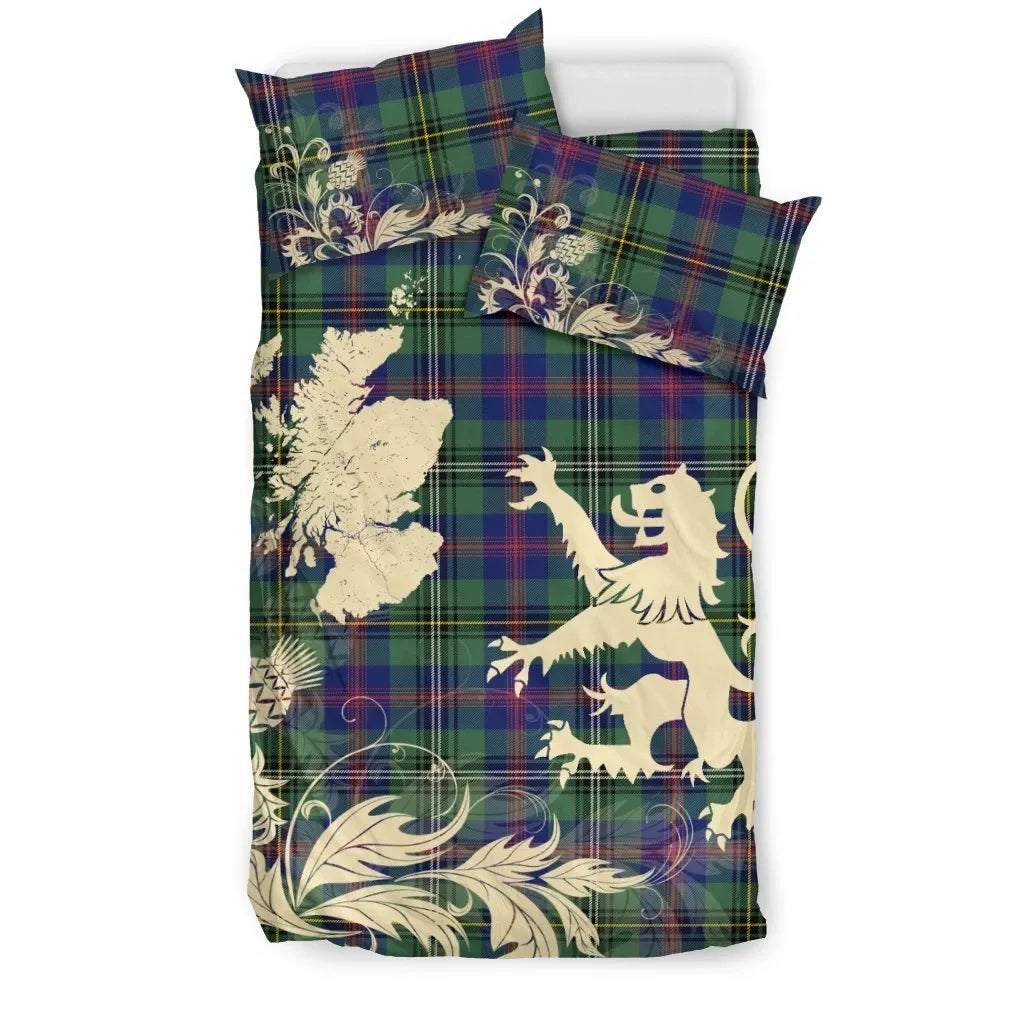 Wood Modern Clan Bedding Set, Scottish Tartan Wood Modern Clan Bedding Set Scotland Lion & Thistle Map Style