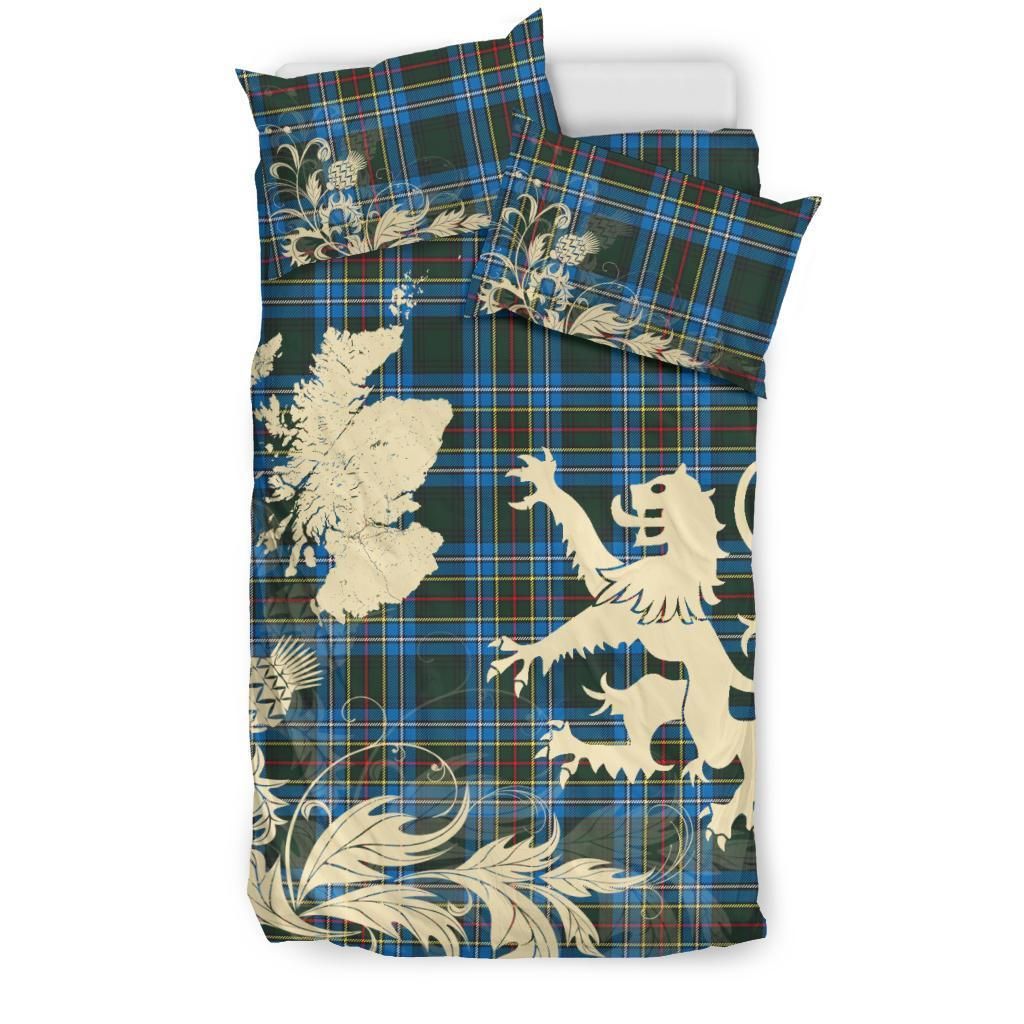 Cockburn Modern Clan Bedding Set, Scottish Tartan Cockburn Modern Clan Bedding Set Scotland Lion & Thistle Map Style