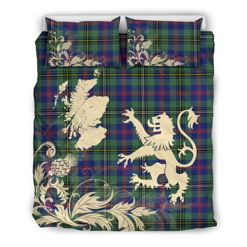 Wood Modern Clan Bedding Set, Scottish Tartan Wood Modern Clan Bedding Set Scotland Lion & Thistle Map Style