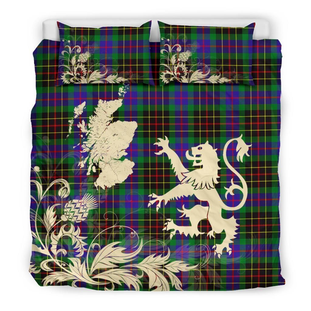Brodie Hunting Modern Clan Bedding Set, Scottish Tartan Brodie Hunting Modern Clan Bedding Set Scotland Lion & Thistle Map Style