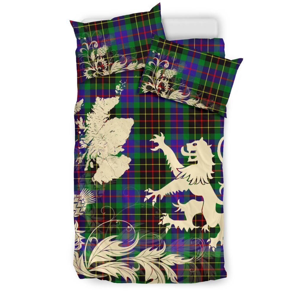 Brodie Hunting Modern Clan Bedding Set, Scottish Tartan Brodie Hunting Modern Clan Bedding Set Scotland Lion & Thistle Map Style