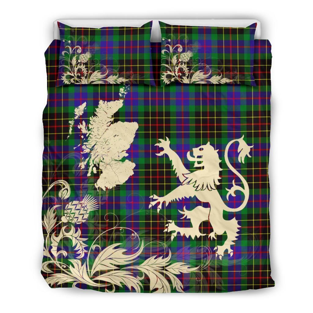 Brodie Hunting Modern Clan Bedding Set, Scottish Tartan Brodie Hunting Modern Clan Bedding Set Scotland Lion & Thistle Map Style