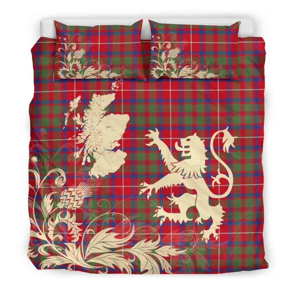 Shaw Red Modern Clan Bedding Set, Scottish Tartan Shaw Red Modern Clan Bedding Set Scotland Lion & Thistle Map Style