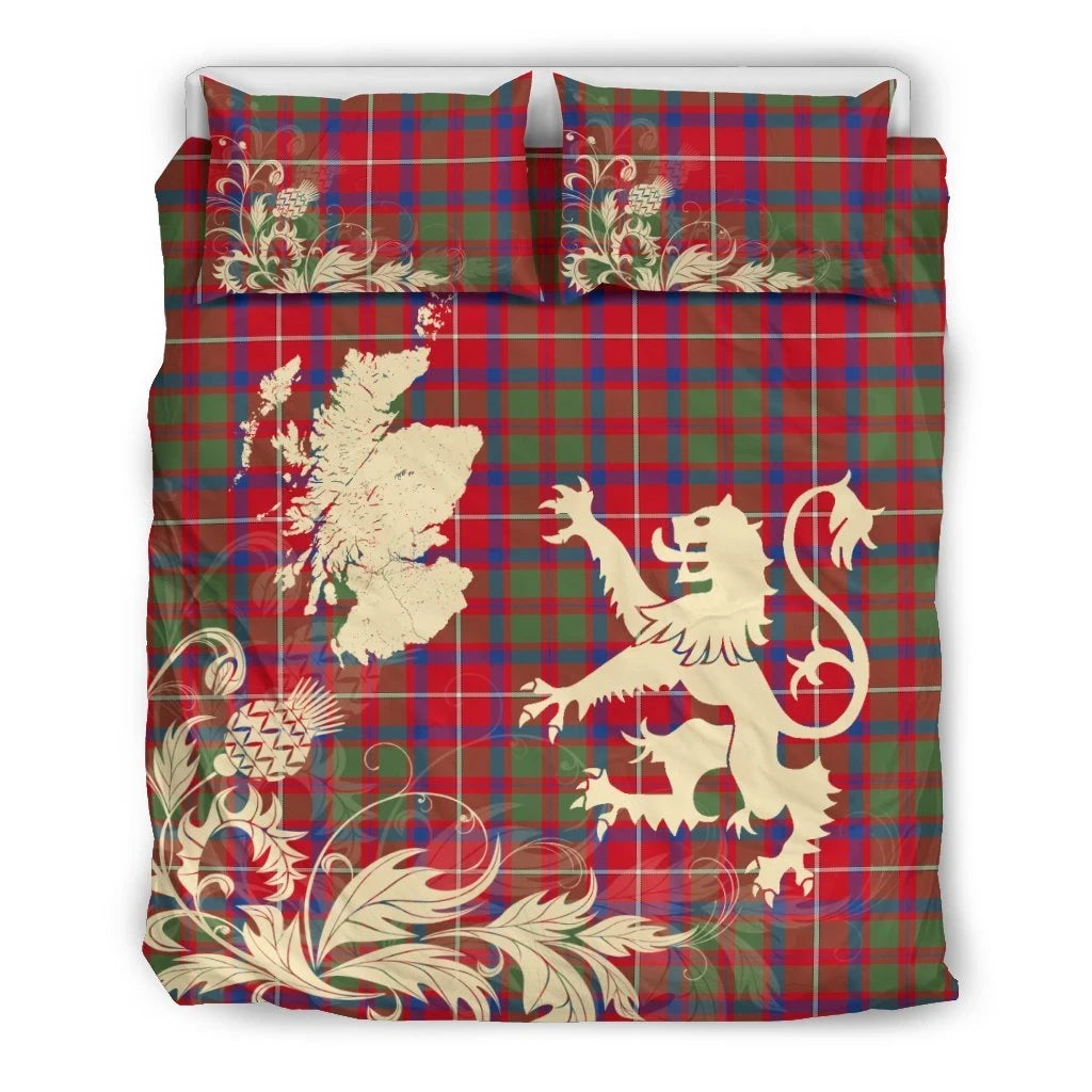 Shaw Red Modern Clan Bedding Set, Scottish Tartan Shaw Red Modern Clan Bedding Set Scotland Lion & Thistle Map Style