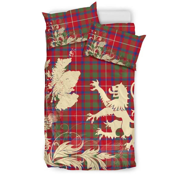 Shaw Red Modern Clan Bedding Set, Scottish Tartan Shaw Red Modern Clan Bedding Set Scotland Lion & Thistle Map Style