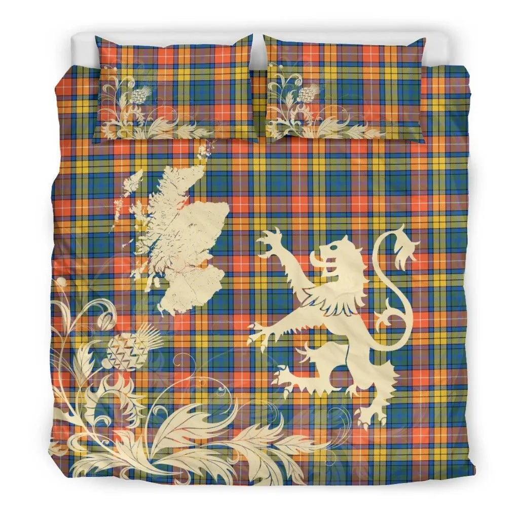 Buchanan Ancient Clan Bedding Set, Scottish Tartan Buchanan Ancient Clan Bedding Set Scotland Lion & Thistle Map Style