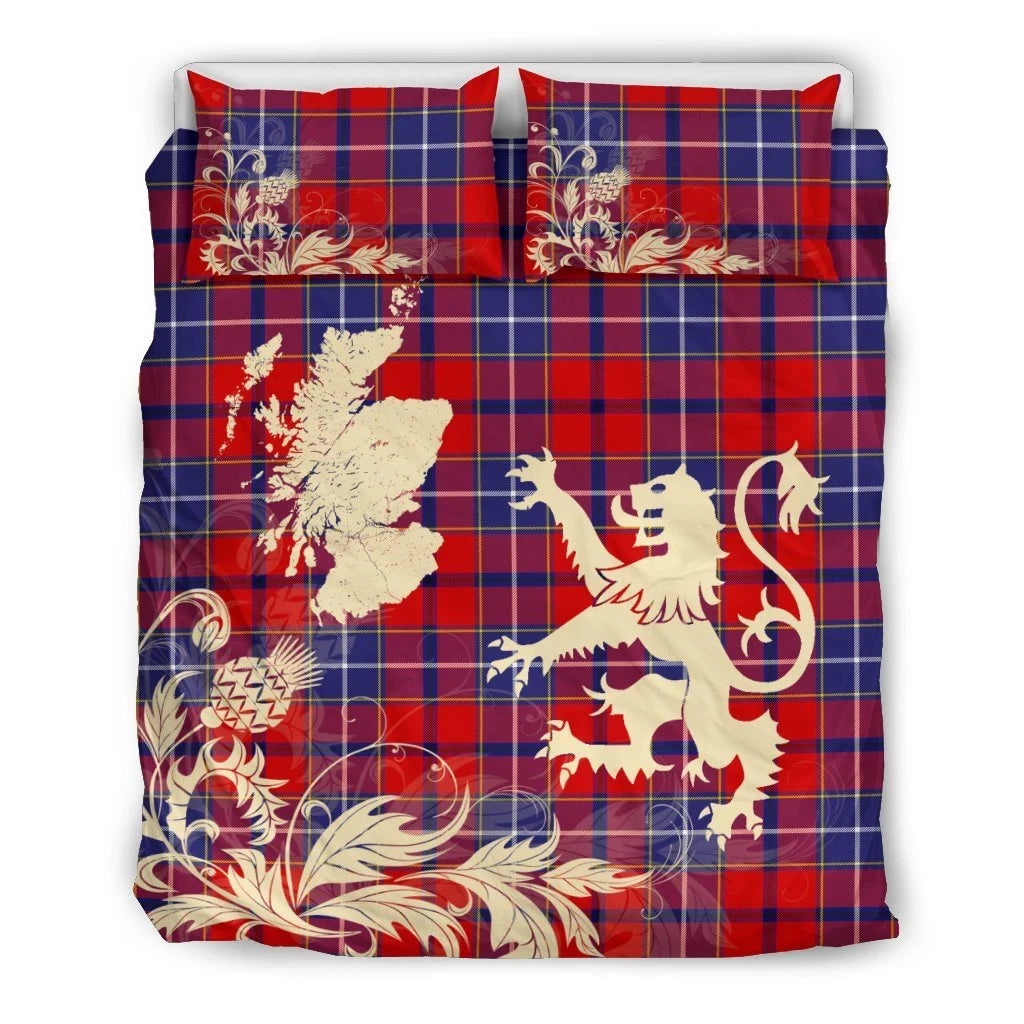 Wishart Dress Clan Bedding Set, Scottish Tartan Wishart Dress Clan Bedding Set Scotland Lion & Thistle Map Style