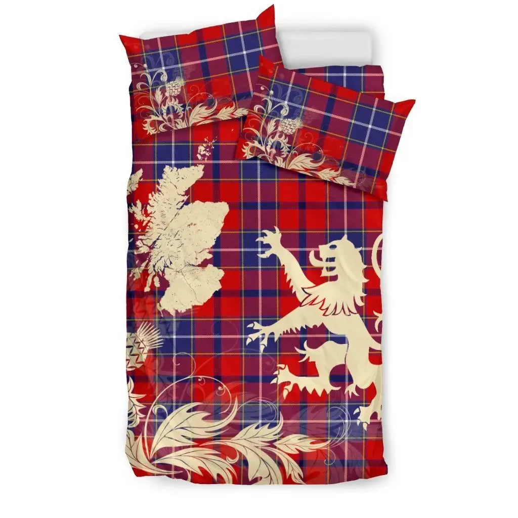 Wishart Dress Clan Bedding Set, Scottish Tartan Wishart Dress Clan Bedding Set Scotland Lion & Thistle Map Style