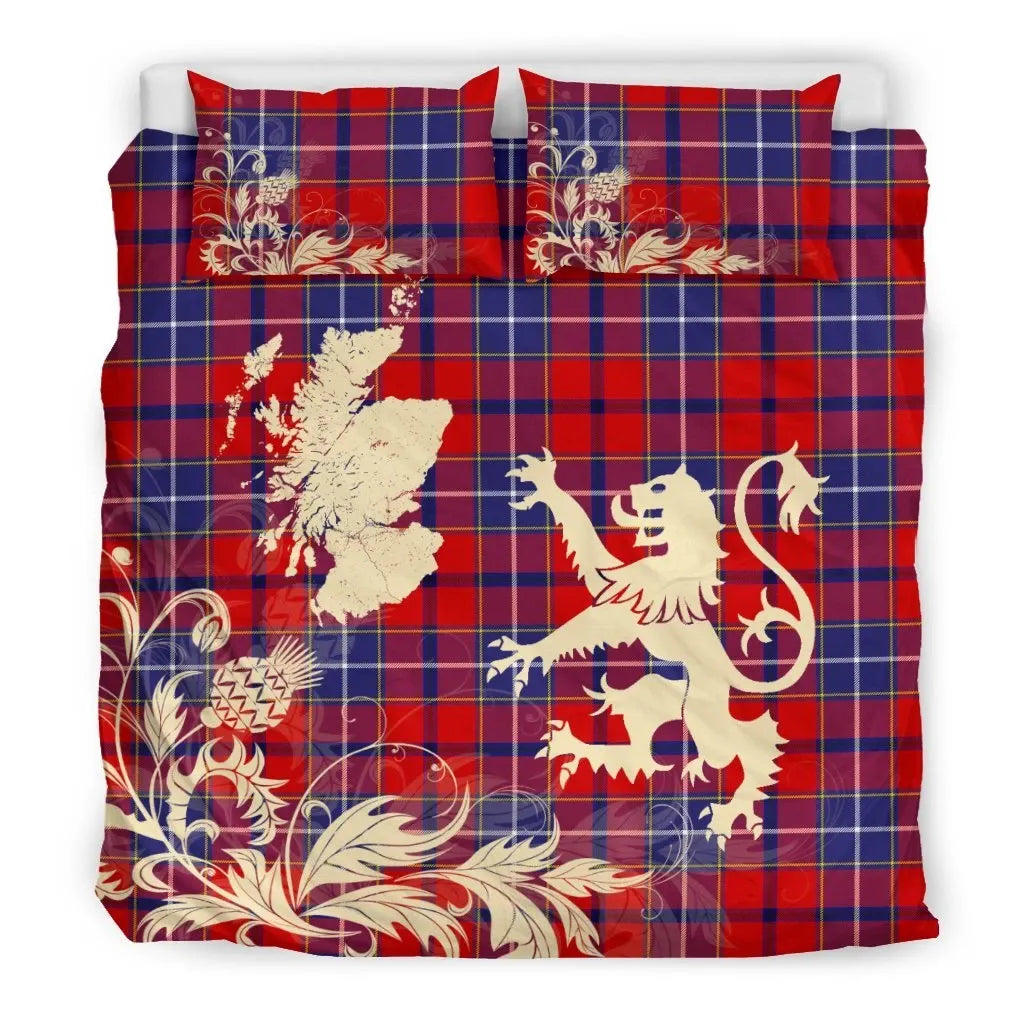 Wishart Dress Clan Bedding Set, Scottish Tartan Wishart Dress Clan Bedding Set Scotland Lion & Thistle Map Style