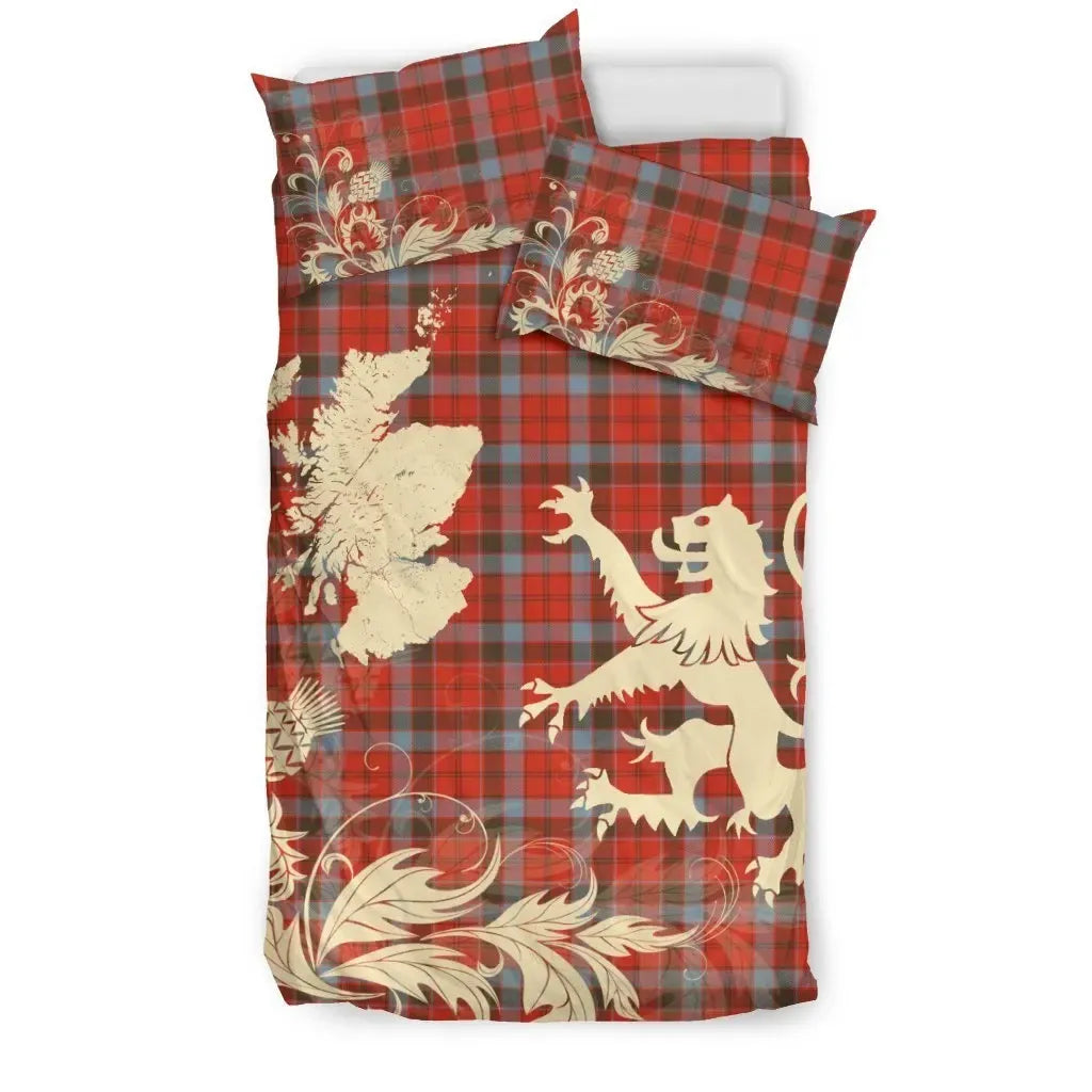 Robertson Weathered Clan Bedding Set, Scottish Tartan Robertson Weathered Clan Bedding Set Scotland Lion & Thistle Map Style