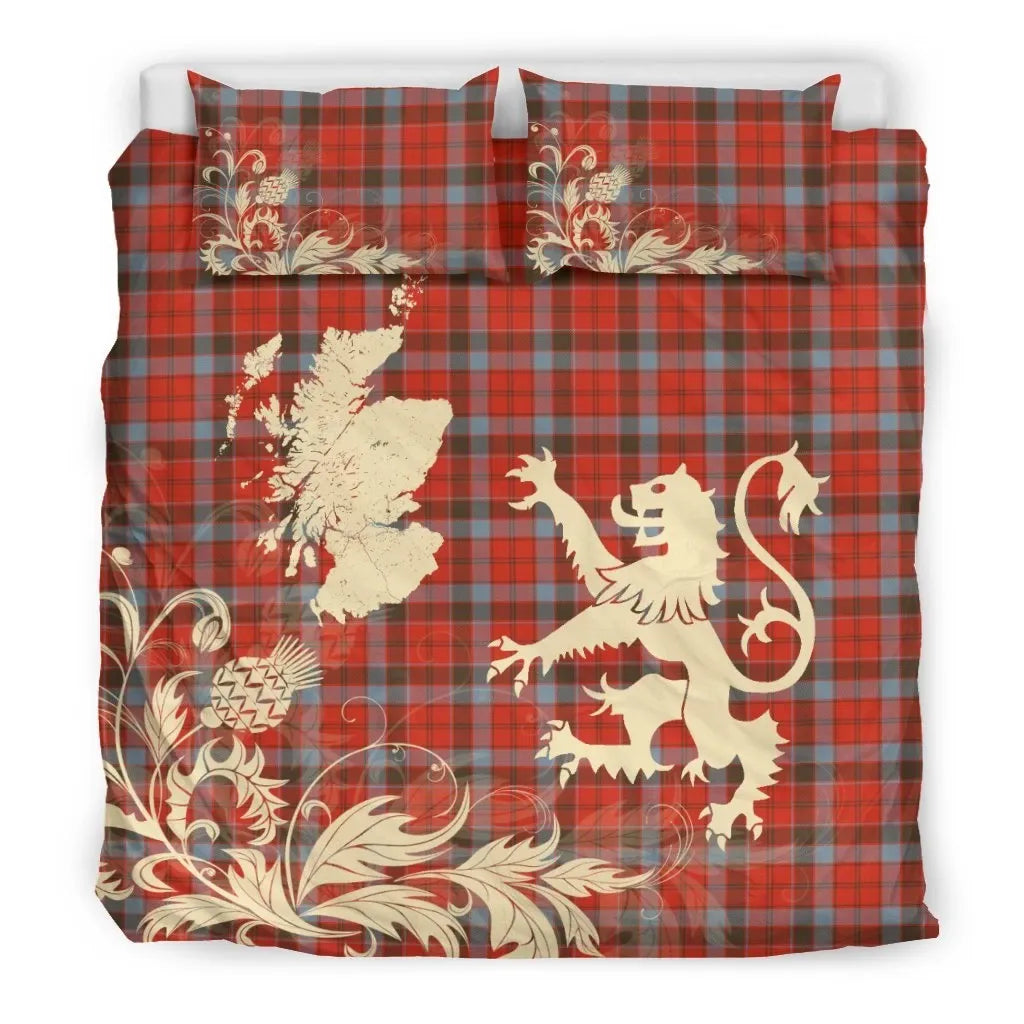 Robertson Weathered Clan Bedding Set, Scottish Tartan Robertson Weathered Clan Bedding Set Scotland Lion & Thistle Map Style