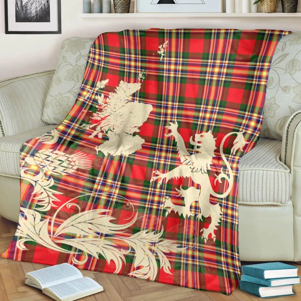 MacGillivray Modern Clan Blanket, Scottish Tartan MacGillivray Modern Clans Blanket Thistle Map Style