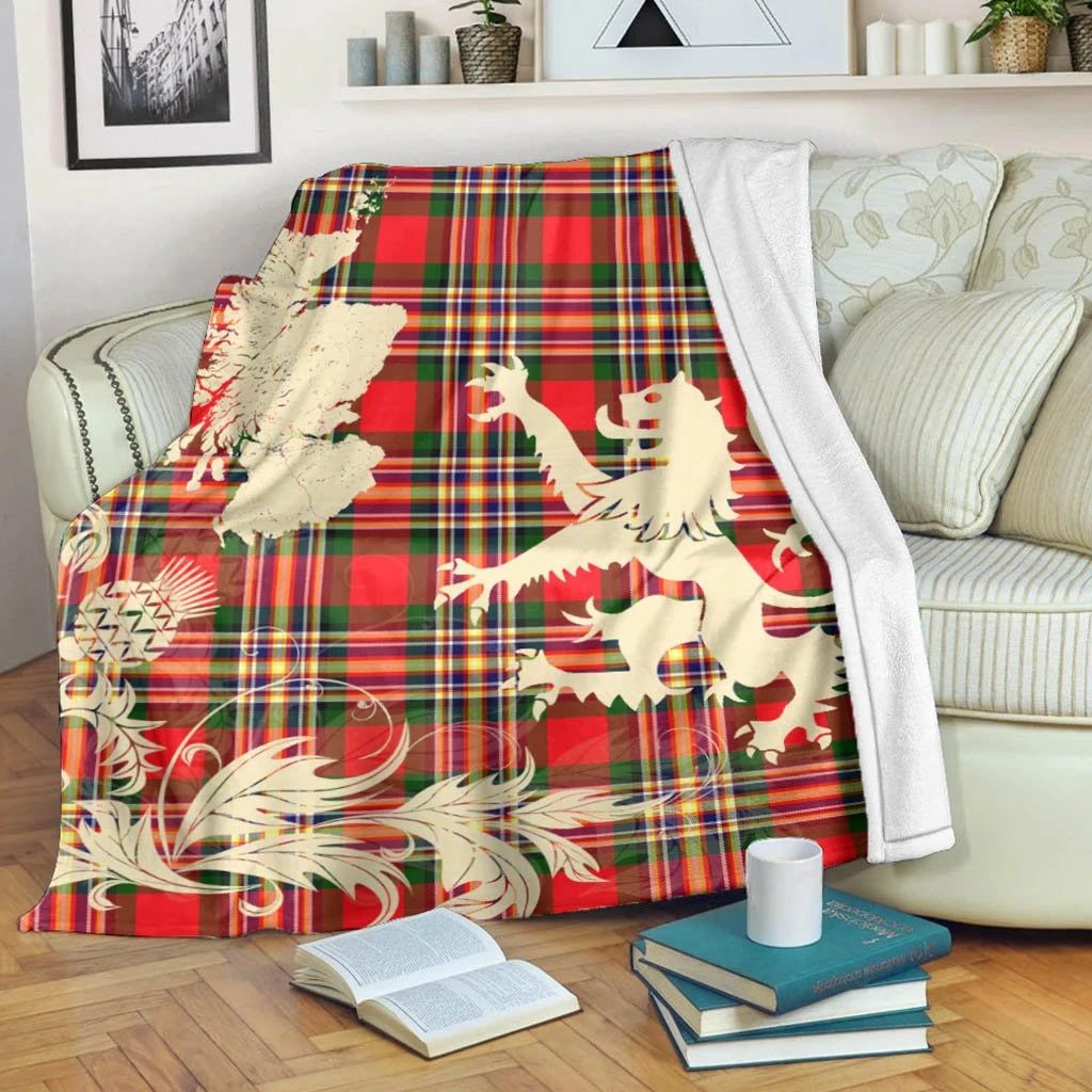 MacGillivray Modern Clan Blanket, Scottish Tartan MacGillivray Modern Clans Blanket Thistle Map Style