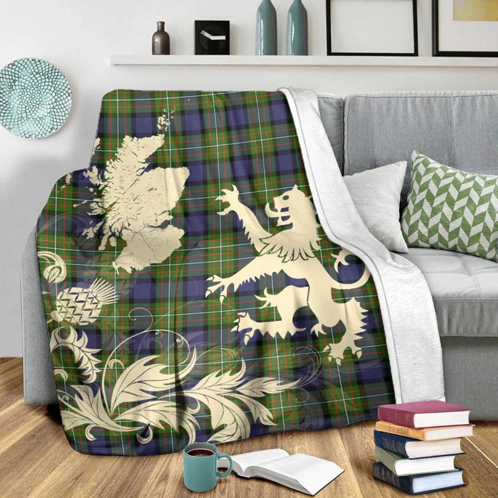 Fergusson Modern Clan Blanket, Scottish Tartan Fergusson Modern Clans Blanket Thistle Map Style