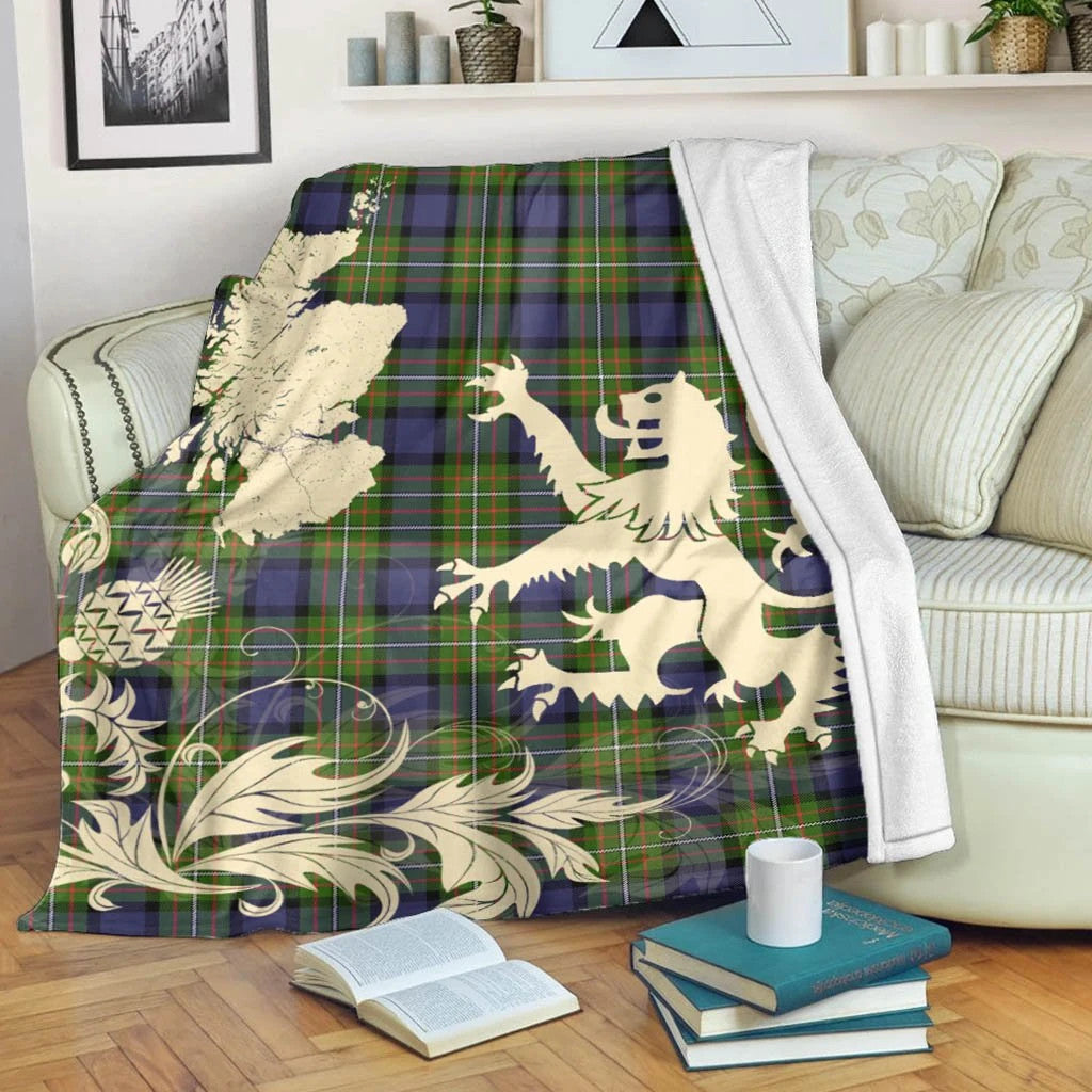 Fergusson Modern Clan Blanket, Scottish Tartan Fergusson Modern Clans Blanket Thistle Map Style