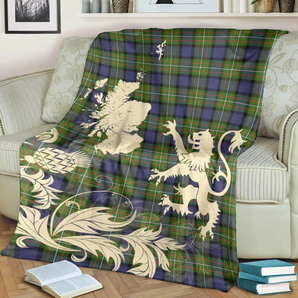 Fergusson Modern Clan Blanket, Scottish Tartan Fergusson Modern Clans Blanket Thistle Map Style