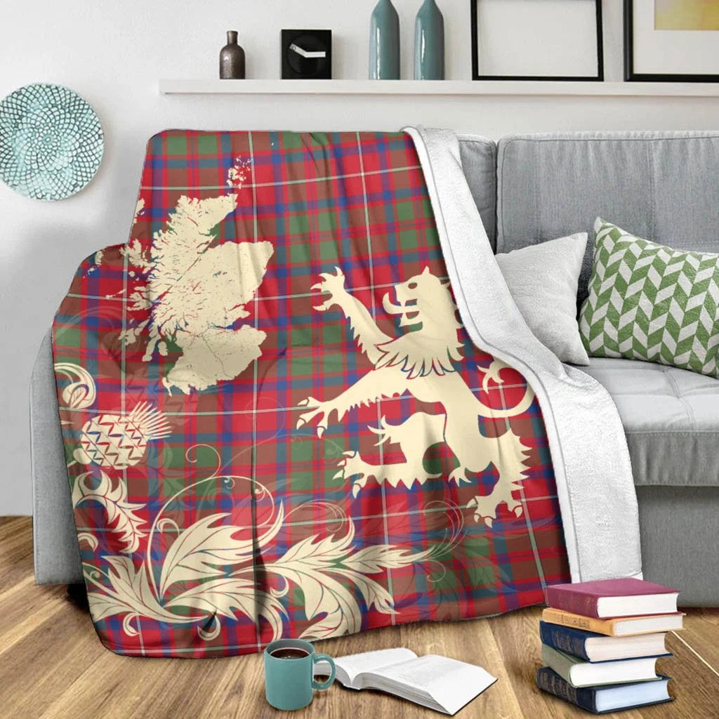 Shaw Red Modern Clan Blanket, Scottish Tartan Shaw Red Modern Clans Blanket Thistle Map Style