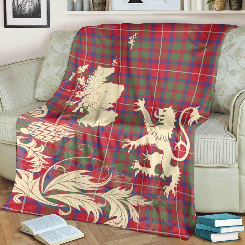 Shaw Red Modern Clan Blanket, Scottish Tartan Shaw Red Modern Clans Blanket Thistle Map Style