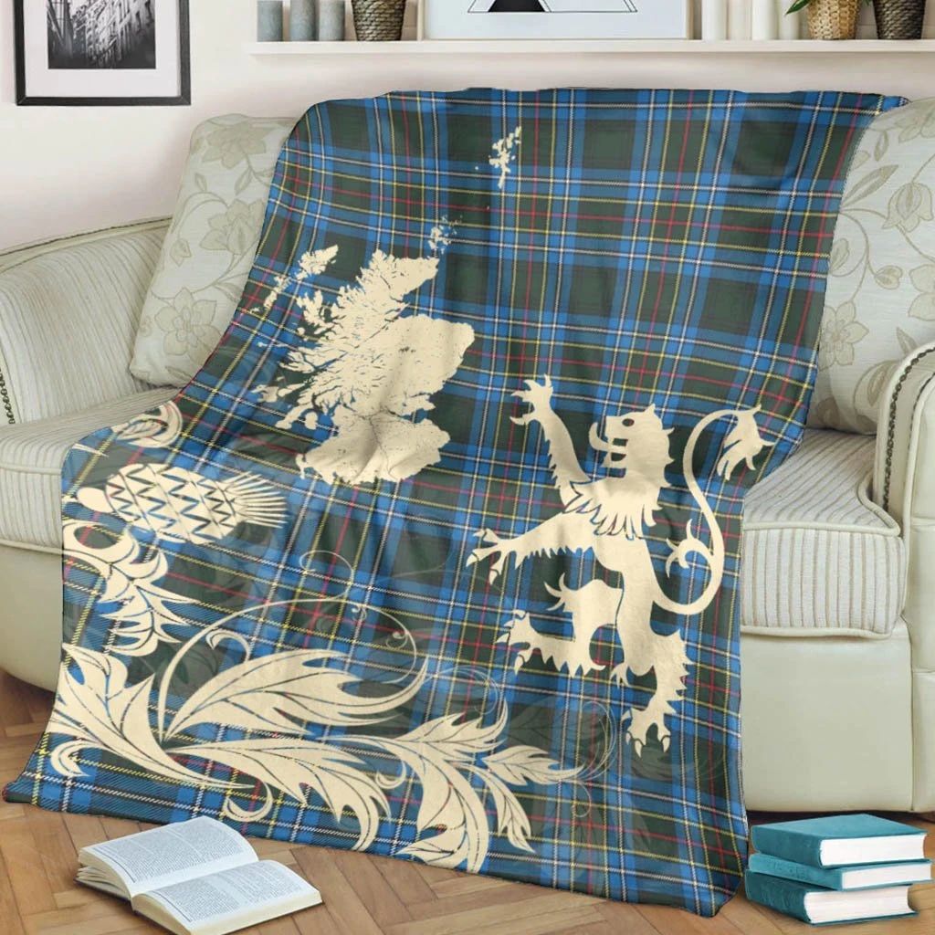 Cockburn Modern Clan Blanket, Scottish Tartan Cockburn Modern Clans Blanket Thistle Map Style