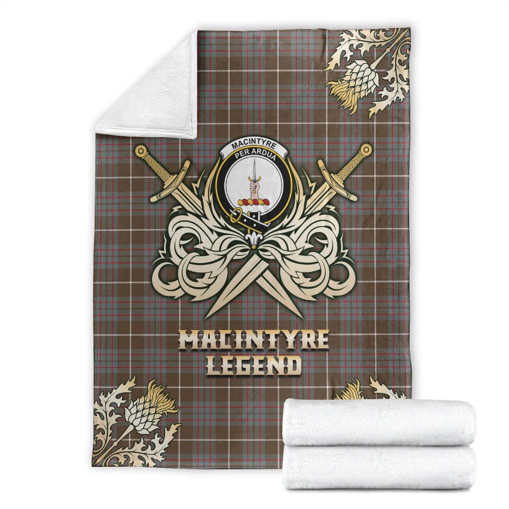 MacIntyre Hunting Weathered Clan Blanket, Scottish Tartan MacIntyre Hunting Weathered Clans Premium Blanket Gold Crest Style