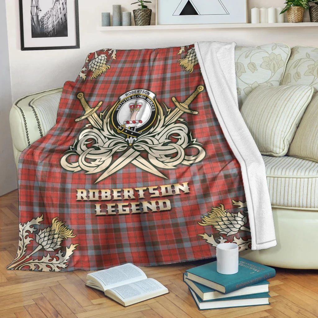 Robertson Weathered Clan Blanket, Scottish Tartan Robertson Weathered Clans Premium Blanket Gold Crest Style