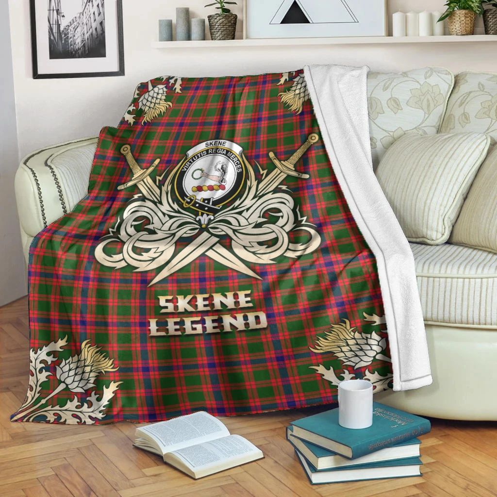 Skene Modern Clan Blanket, Scottish Tartan Skene Modern Clans Premium Blanket Gold Crest Style