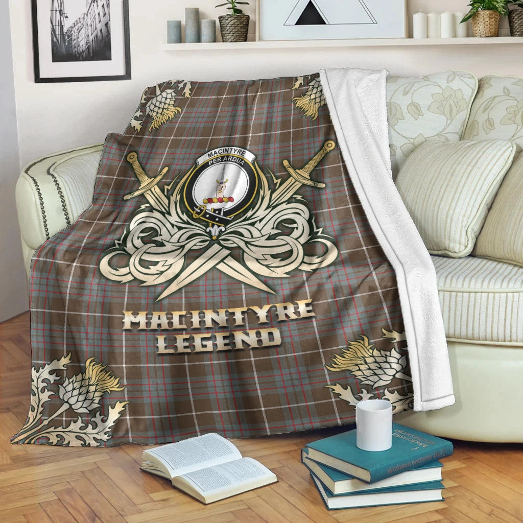 MacIntyre Hunting Weathered Clan Blanket, Scottish Tartan MacIntyre Hunting Weathered Clans Premium Blanket Gold Crest Style