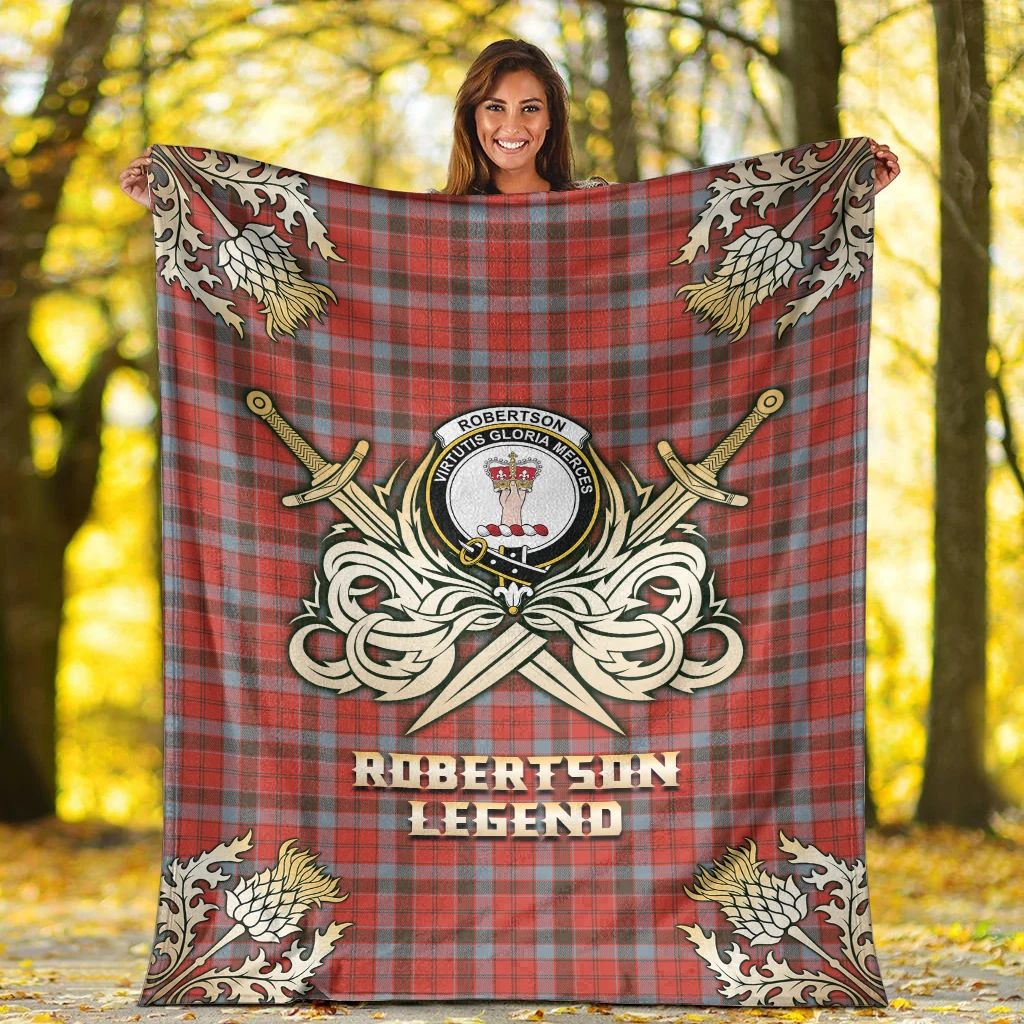 Robertson Weathered Clan Blanket, Scottish Tartan Robertson Weathered Clans Premium Blanket Gold Crest Style