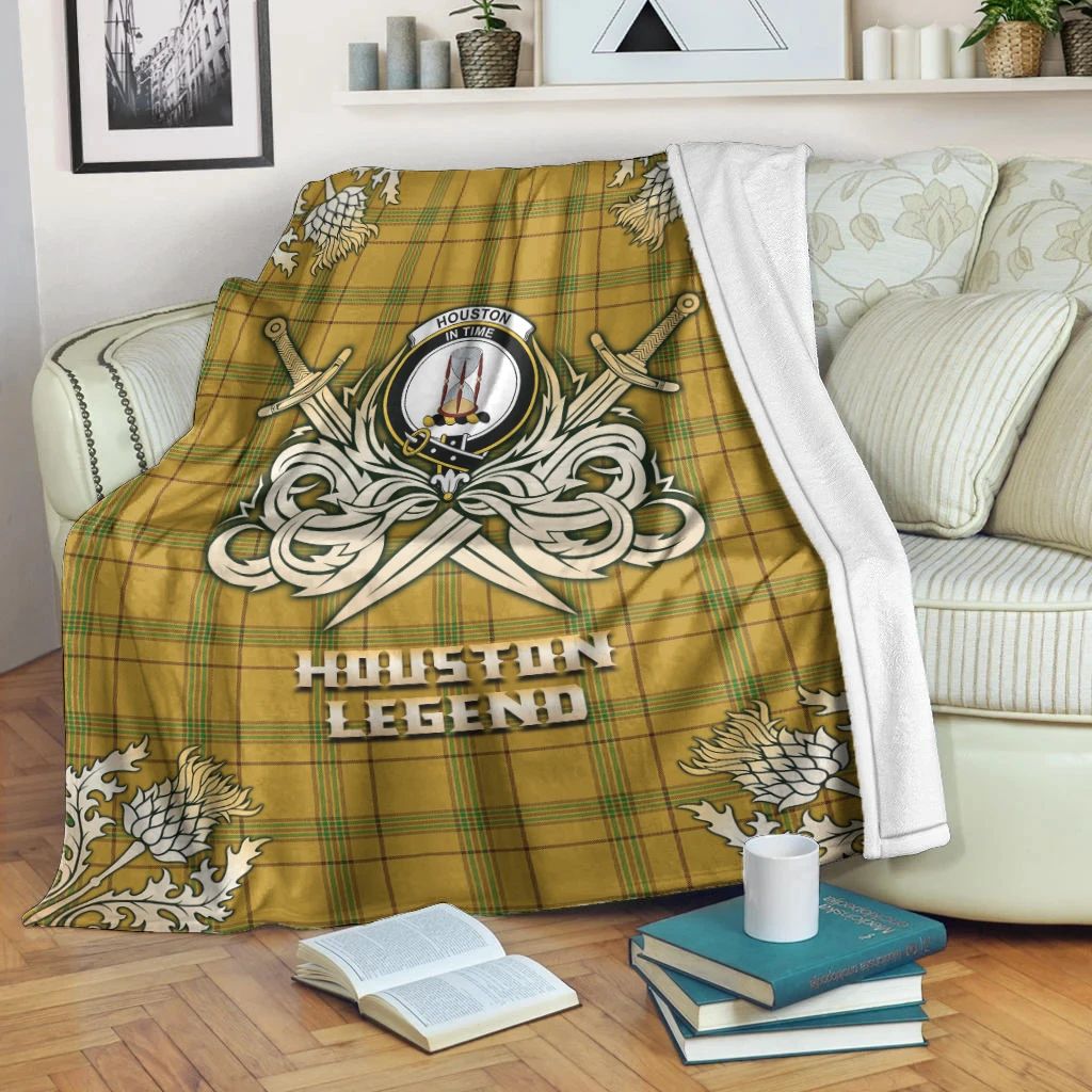 Houston Clan Blanket, Scottish Tartan Houston Clans Premium Blanket Gold Crest Style