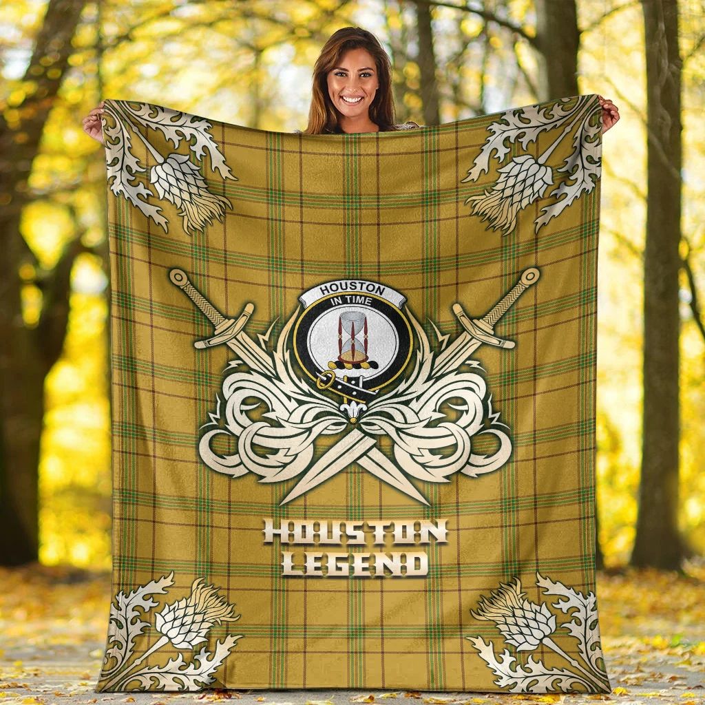 Houston Clan Blanket, Scottish Tartan Houston Clans Premium Blanket Gold Crest Style