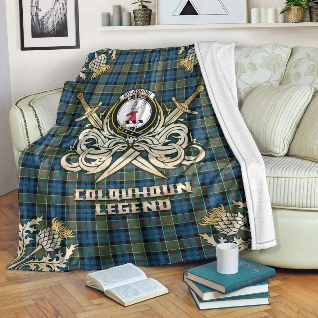 Colquhoun Ancient Clan Blanket, Scottish Tartan Colquhoun Ancient Clans Premium Blanket Gold Crest Style