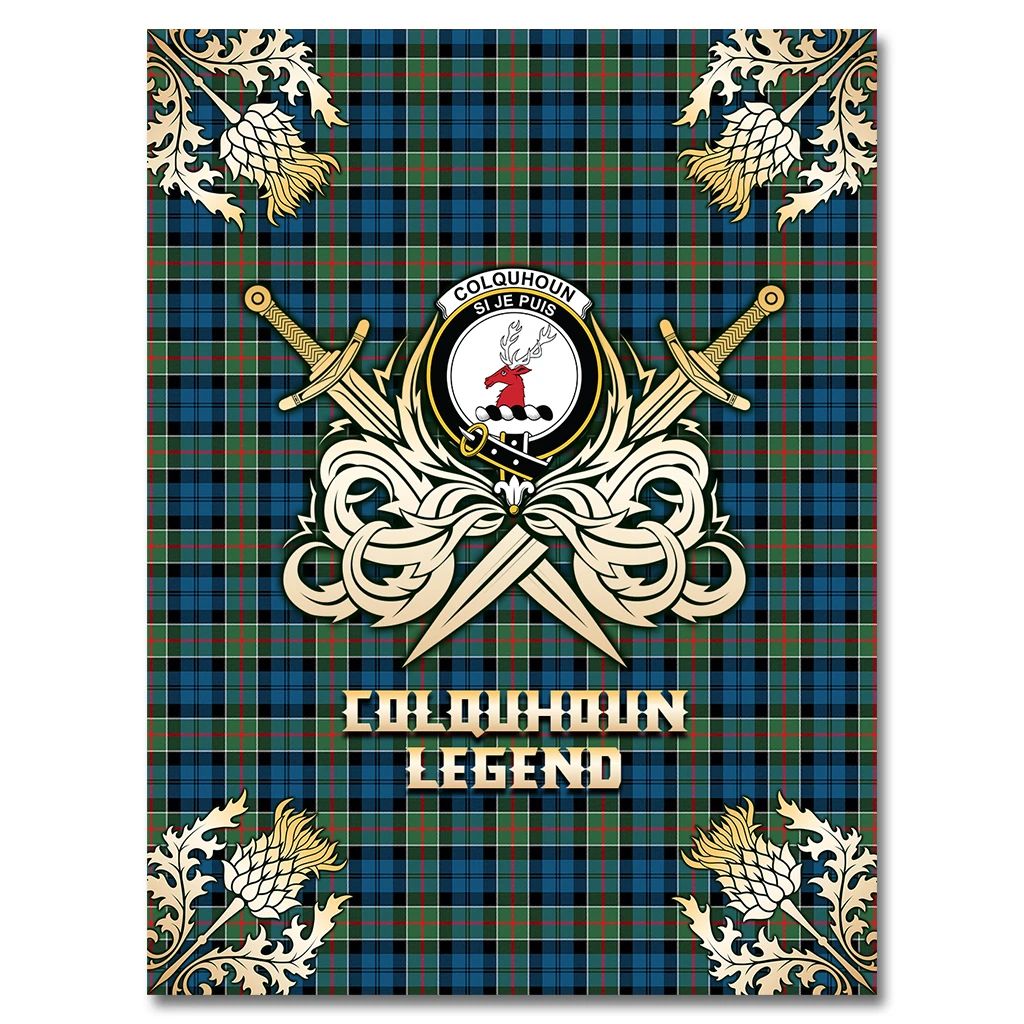 Colquhoun Ancient Clan Blanket, Scottish Tartan Colquhoun Ancient Clans Premium Blanket Gold Crest Style