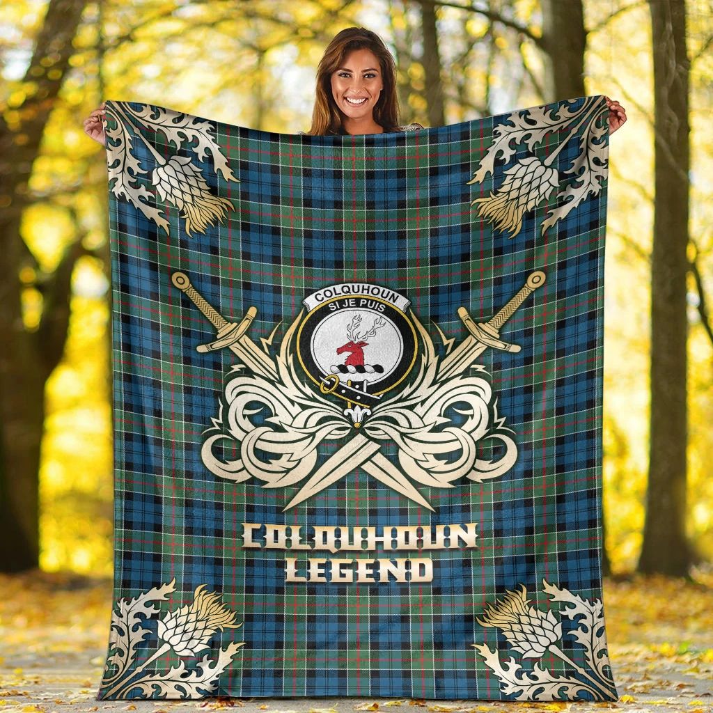 Colquhoun Ancient Clan Blanket, Scottish Tartan Colquhoun Ancient Clans Premium Blanket Gold Crest Style