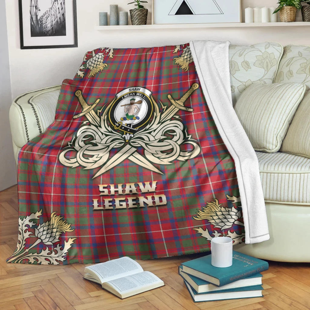 Shaw Red Modern Clan Blanket, Scottish Tartan Shaw Red Modern Clans Premium Blanket Gold Crest Style