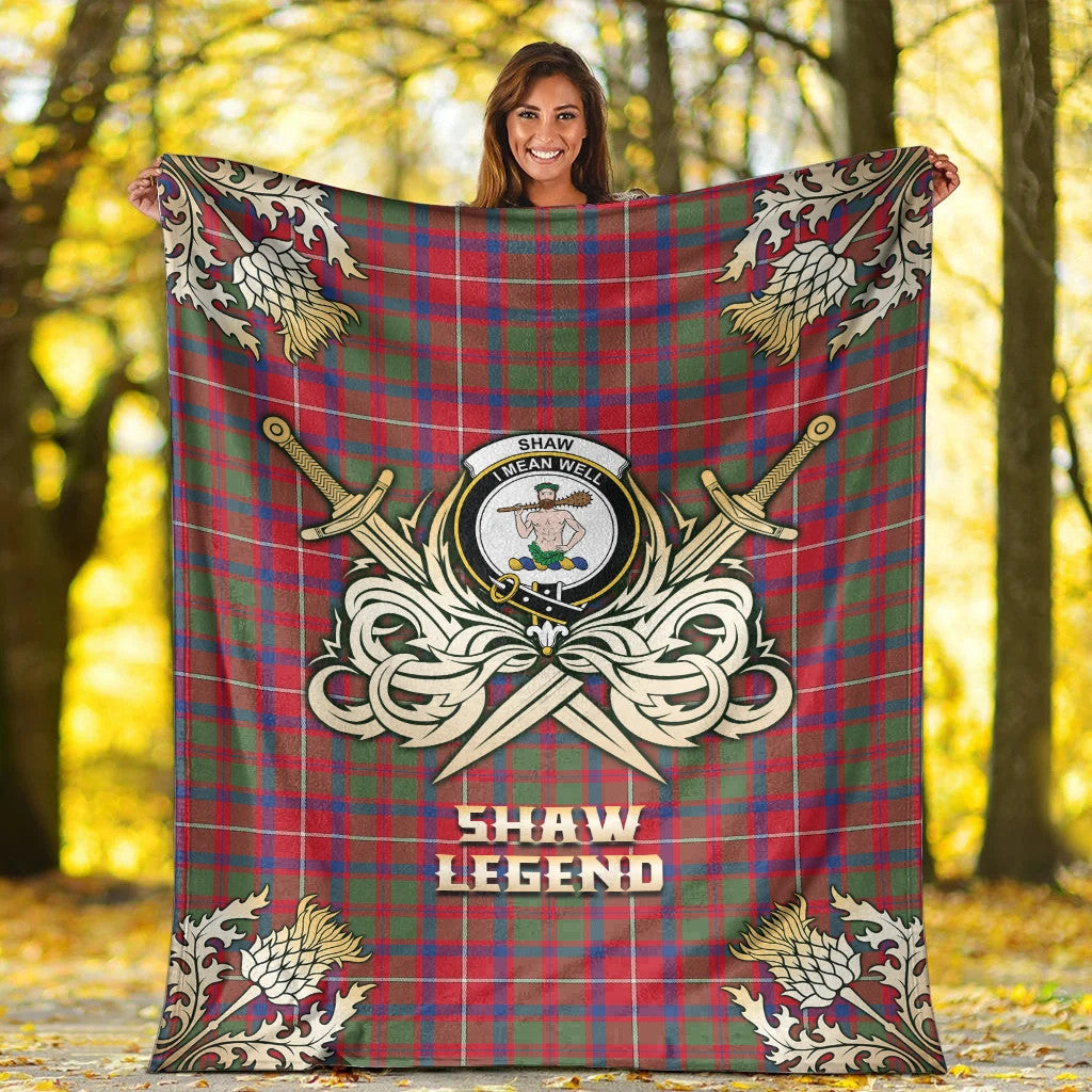 Shaw Red Modern Clan Blanket, Scottish Tartan Shaw Red Modern Clans Premium Blanket Gold Crest Style