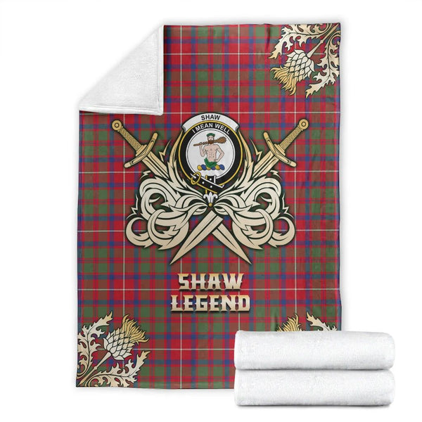 Shaw Red Modern Clan Blanket, Scottish Tartan Shaw Red Modern Clans Premium Blanket Gold Crest Style