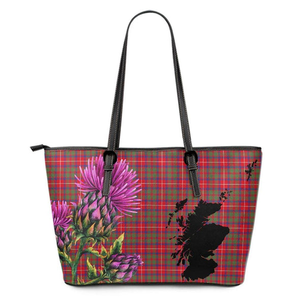 Shaw Red Modern Tartan Leather Tote Bag Thistle Maps Style